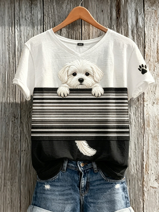 Damen T-Shirt mit kurzem Arm, zweifarbig, mit spitzem maltesischen Hund