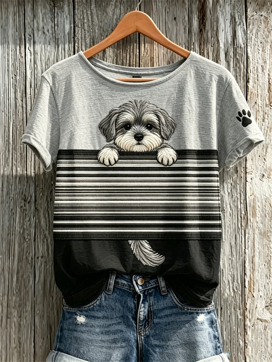 Damen Kurzarm-T-Shirt mit Schnauzer-Hund & Pfotenabdruck im Colorblock-Print