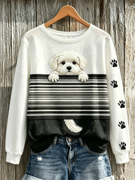 Damen Sweatshirt mit Malteser-Hund und Pfotenabdruck im Colorblock-Design