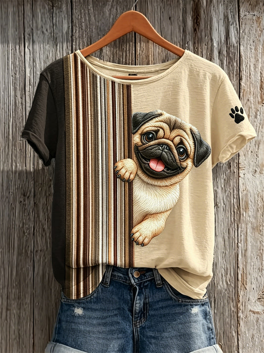 Damen T-Shirt mit Mops- und Pfotenabdruck im Colorblock-Design und kurzen Ärmeln