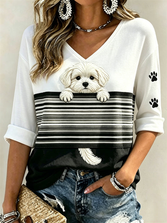 Damen T-Shirt mit Malta-Hund & Pfotenabdrücken, Farbblock-Design, halblangen Ärmeln und V-Ausschnitt