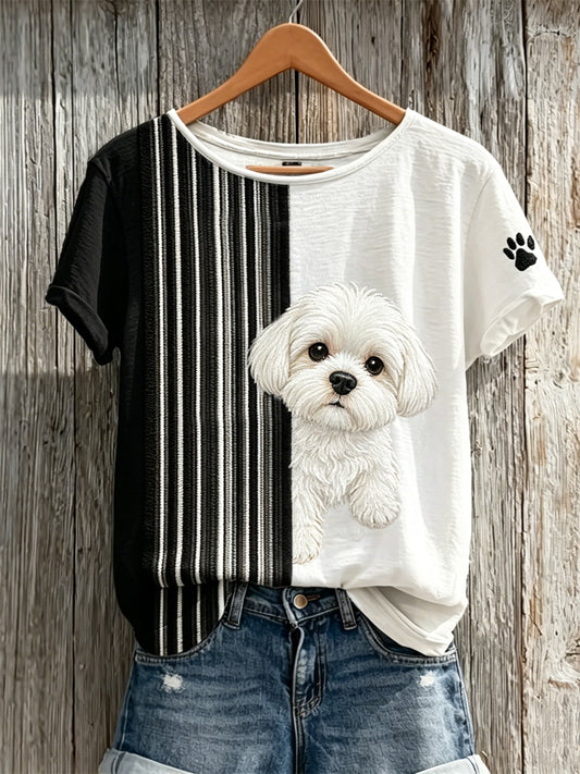Damen T-Shirt mit kurzem Arm, Malta-Hund & Pfotenabdruck, Colorblock-Print