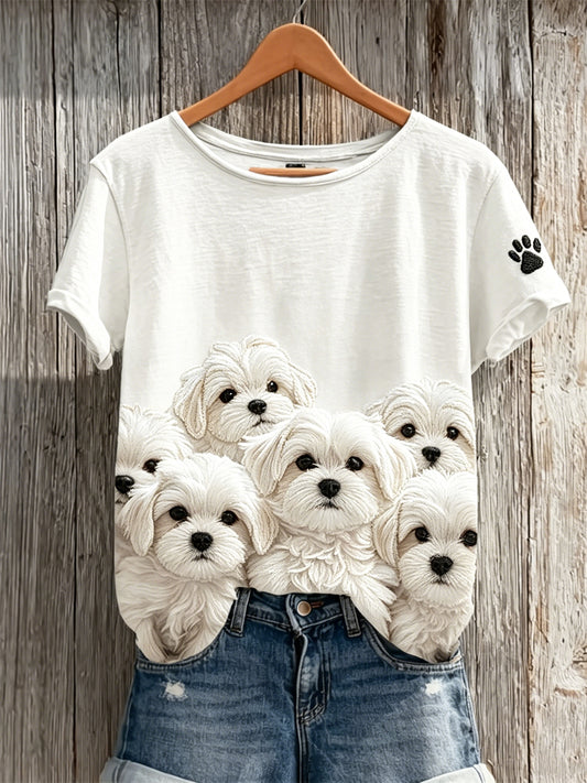 Damen T-Shirt Kurzarm mit Fuzzy Malteser Hunde Pfotenabdruck Print