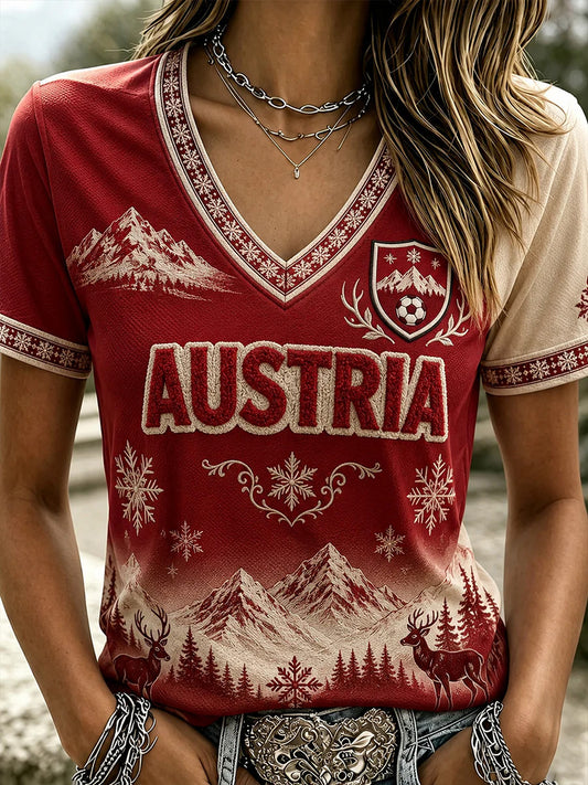 Women's Austria Football Motif Print Casual V-Neck Tee