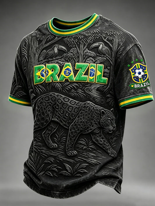 Herren Brasilien Jaguar Kunst Fußball-Print Kurzarm-T-Shirt