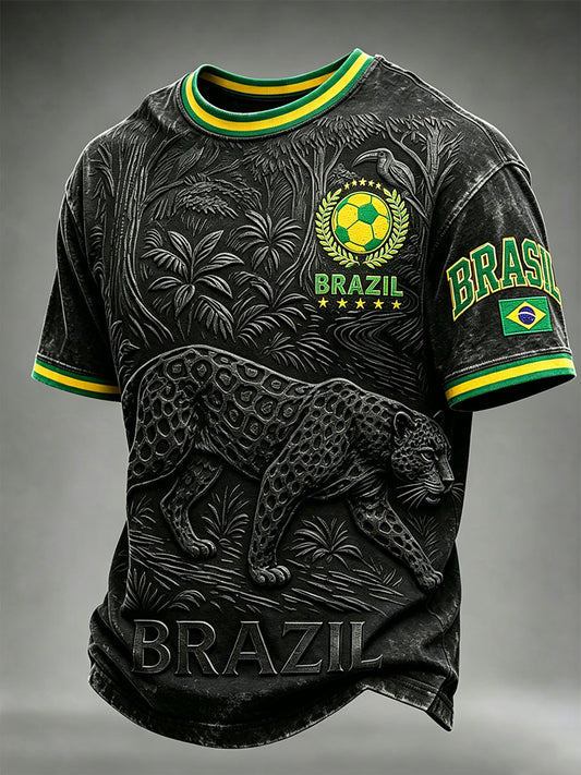 Herren T-Shirt mit Rundhalsausschnitt und von brasilianischem Fußball inspiriertem Musterdruck