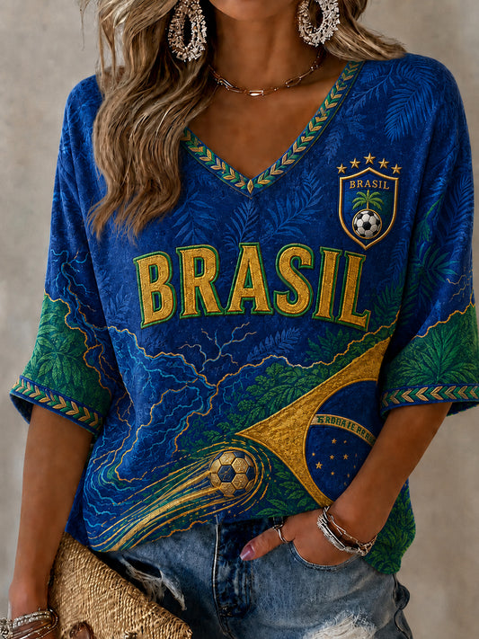 Damen Brasilien Fußballfan Geschenk Halbarm V-Ausschnitt T-Shirt