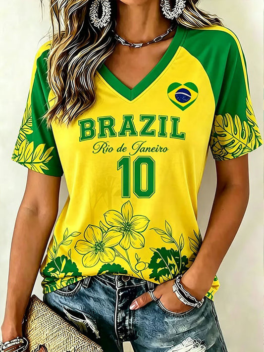 Damen Brasilianischer Fußball-Print Freizeit T-Shirt