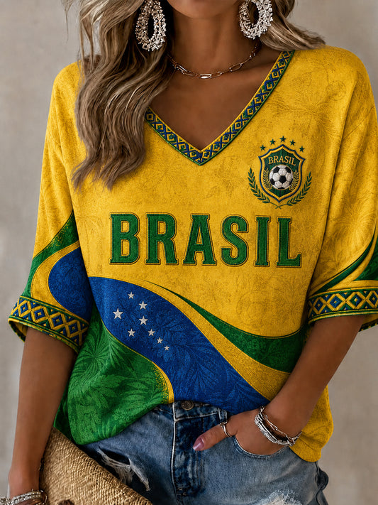 Damen Brasilien Fußball Fan Geschenk Mid-length Ärmel V-Ausschnitt T-Shirt