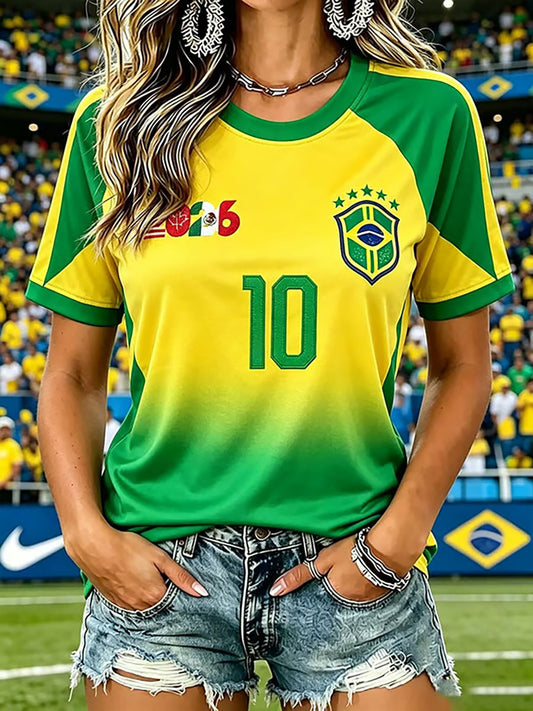 Damen T-Shirt mit brasilianischem Fußball-Print, Freizeitshirt