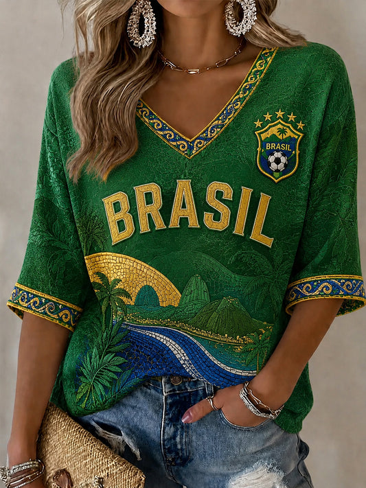 Damen Brasilien Fußballfan-Geschenk Halbarm V-Ausschnitt T-Shirt