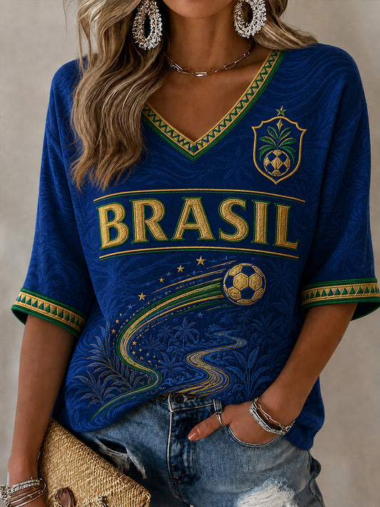 Women's Brazil Football Fan Gift Mid-length Sleeves V-Neck T-Shirt