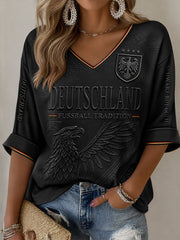 Women's Germany Football Mid-length Sleeves V-Neck T-Shirt