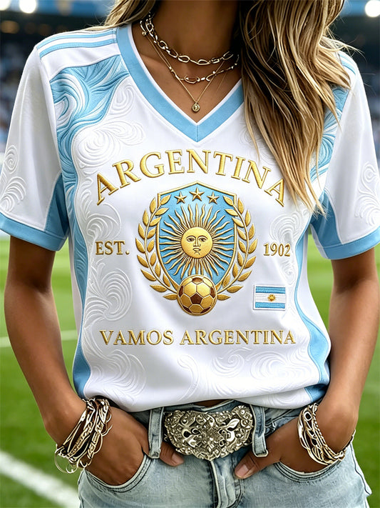 Women's Vamos Argentina Sun & Football Print Flag Colorblock short-sleeved T-shirt