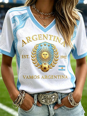 Women's Vamos Argentina Sun & Football Print Flag Colorblock short-sleeved T-shirt