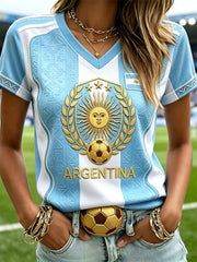 Women's Argentina Sun & Football Ethnic Pattern Print Flag Colorblock short-sleeved T-shirt