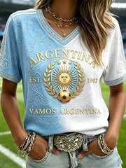 Women's Vamos Argentina Sun & Football Ethnic Print Flag Contrast Gradient short-sleeved T-shirt