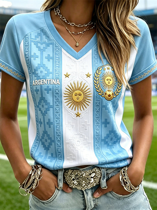 Women's Argentina Sun & Football Ethnic Geometric Print Flag Colorblock short-sleeved T-shirt