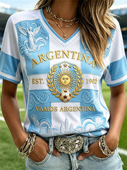 Women's Vamos Argentina Angel & Football Print Flag Colorblock short-sleeved T-shirt