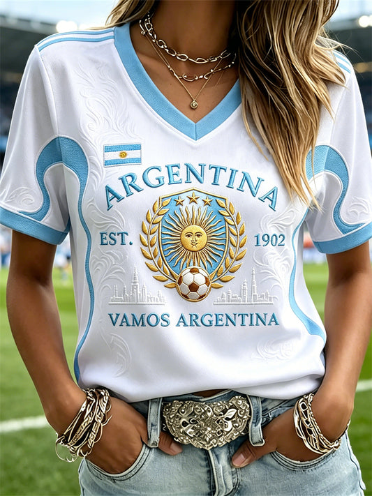 Women's Vamos Argentina Sun & Football Print Flag Inspired short-sleeved T-shirt