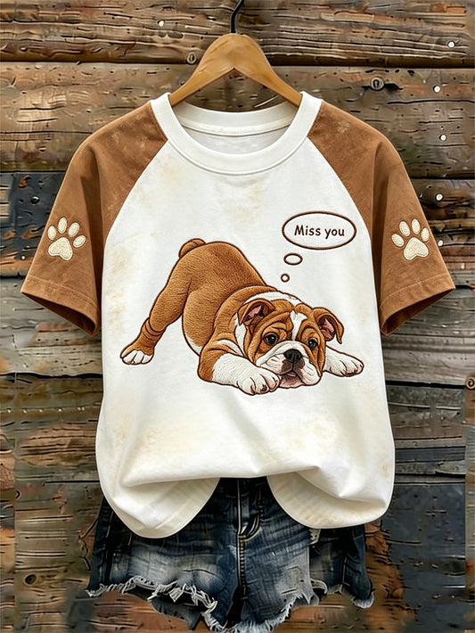 Damen süßes Hunde-Muster bedrucktes lässiges gewaschenes Kurzarm-T-Shirt