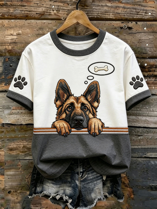 Damen niedliches T-Shirt mit Hundeaufdruck, lässig, ausgewaschen, kurzärmelig