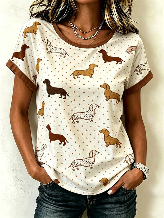 Damen-T-Shirt mit niedlichem Hundeaufdruck, lässig, gewaschen, Kurzarm