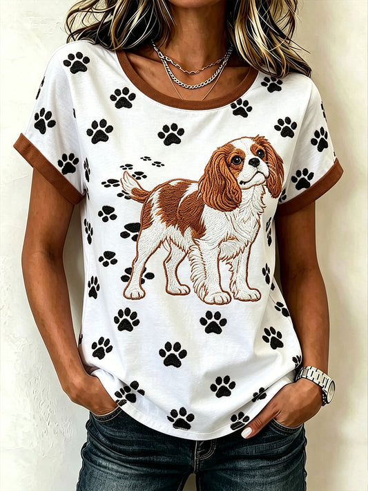 Damen süßes Hunde-Muster bedrucktes, lässiges, gewaschenes Kurzarm-T-Shirt