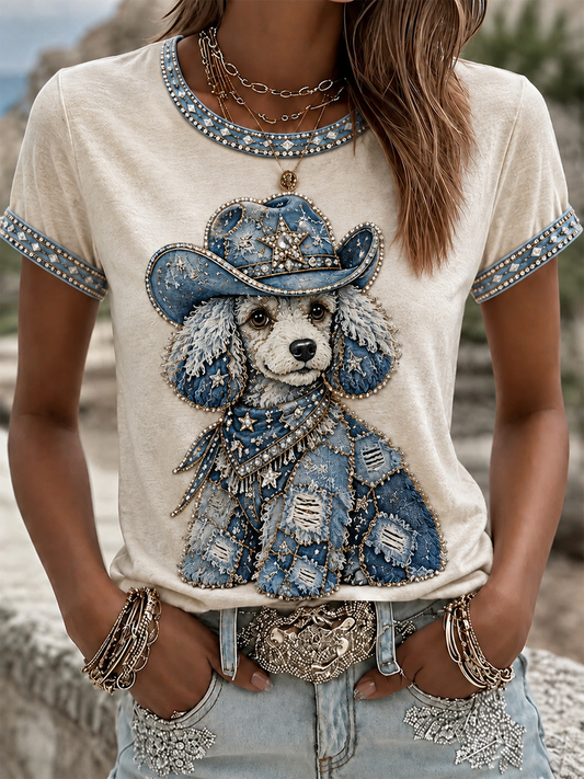 Damen T-Shirt mit lässigem Cowboy-Hund-Print