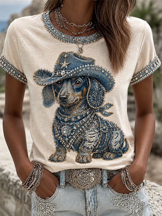 Damen T-Shirt mit Cowboy-Hund-Print, Freizeit