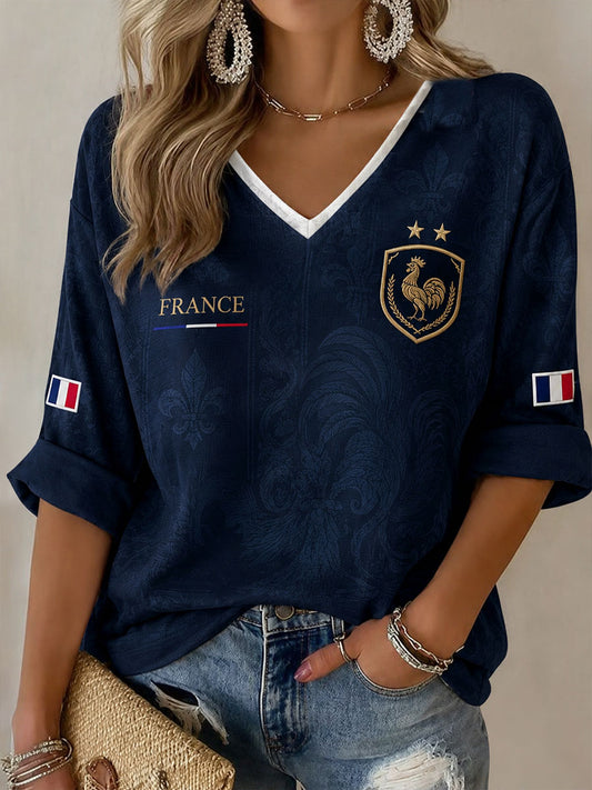 Damen Frankreich Fußball T-Shirt mit halblangen Ärmeln und V-Ausschnitt