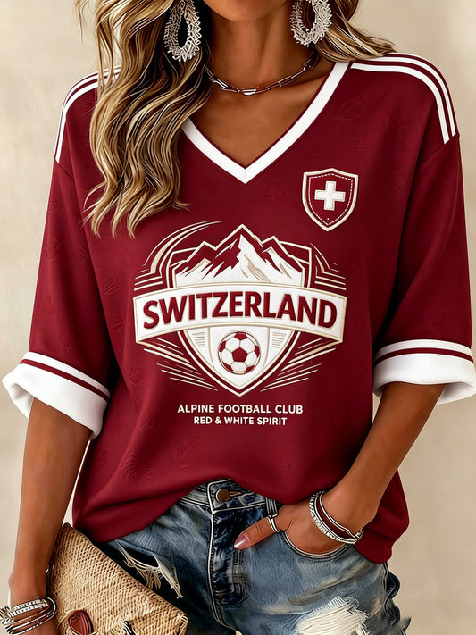 Women's Switzerland Printed Mid-length Sleeves V-Neck T-Shirt