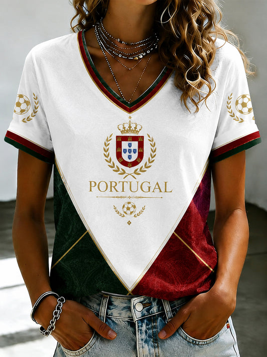 Damen T-Shirt mit V-Ausschnitt, portugiesischer Fußball-Aufdruck