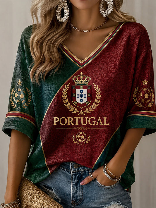 Damen lässiges T-Shirt mit portugiesischem Fußball-Print
