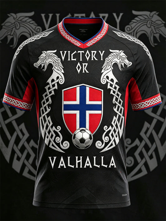 Men's Victory or Valhalla Norway Football Viking Print Jersey V-neck T-shirt