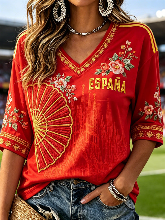 Women's Spain Floral Fan & Castle Art Jersey Print Mid-length Sleeves V-Neck T-Shirt