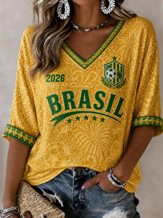 Women's Brazil Football Fan Gift Printed Mid-length Sleeves V-Neck T-Shirt