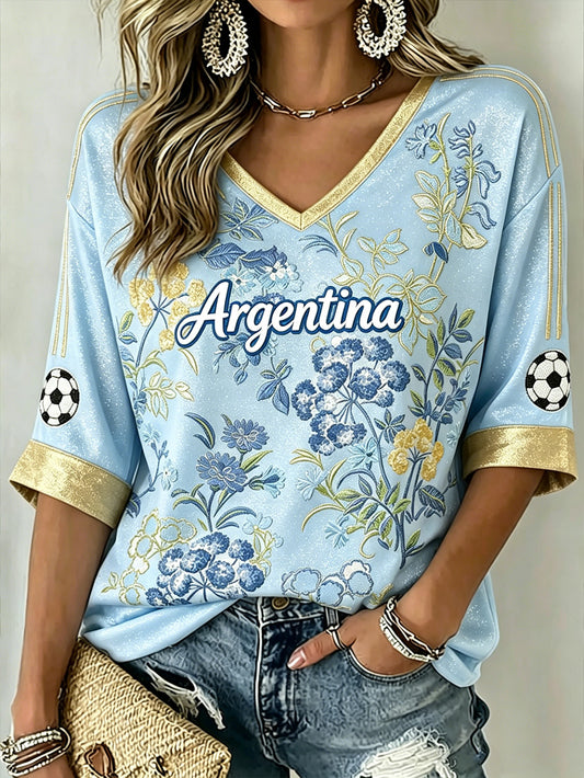 Women's Soccer Element Color-blocking Design Casual  Mid-length Sleeves V-Neck T-Shirt
