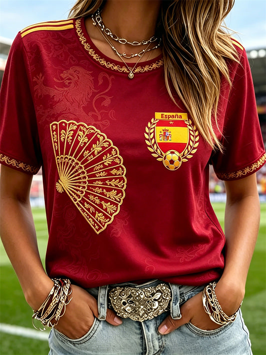 Women's Spain Football & Floral Fan Art Print short-sleeved T-shirt