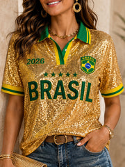 Women's Brazil Football Fan Gift Printed Short Sleeve Top