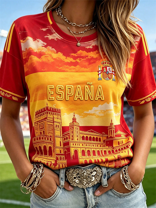 Women's Spain Football & Castle Flag Inspired Sunset Colorblock Print short-sleeved T-shirt