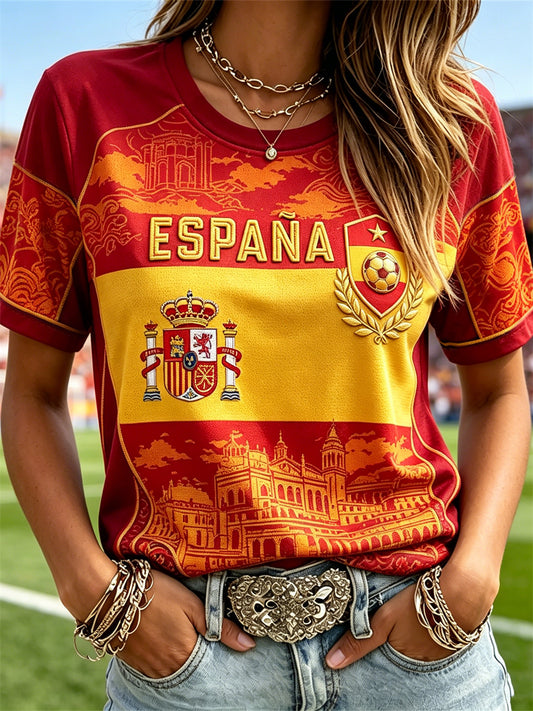 Women's Spain Football & Castle Flag Colorblock Print short-sleeved T-shirt