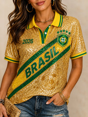 Women's Brazil Football Fan Gift Printed Short Sleeve Top