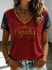 Women's Spanish Football Printed V-neck T-shirt