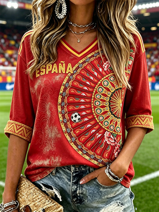 Women's Spain Floral Fan Art & Football Print Mid-length Sleeves V-Neck T-Shirt