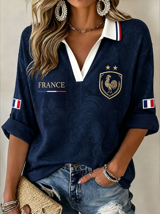 Damen Frankreich Fußball Halbarm V-Ausschnitt T-Shirt