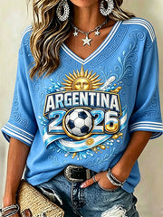 Women's Argentina Football Fan Mid-length Sleeves V-Neck T-Shirt