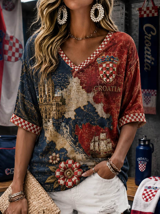 Women's Mid-length Sleeves V-Neck T-Shirt