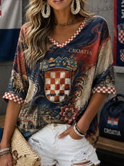Women's Mid-length Sleeves V-Neck T-Shirt