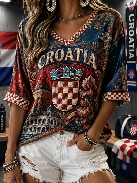 Women's Mid-length Sleeves V-Neck T-Shirt
